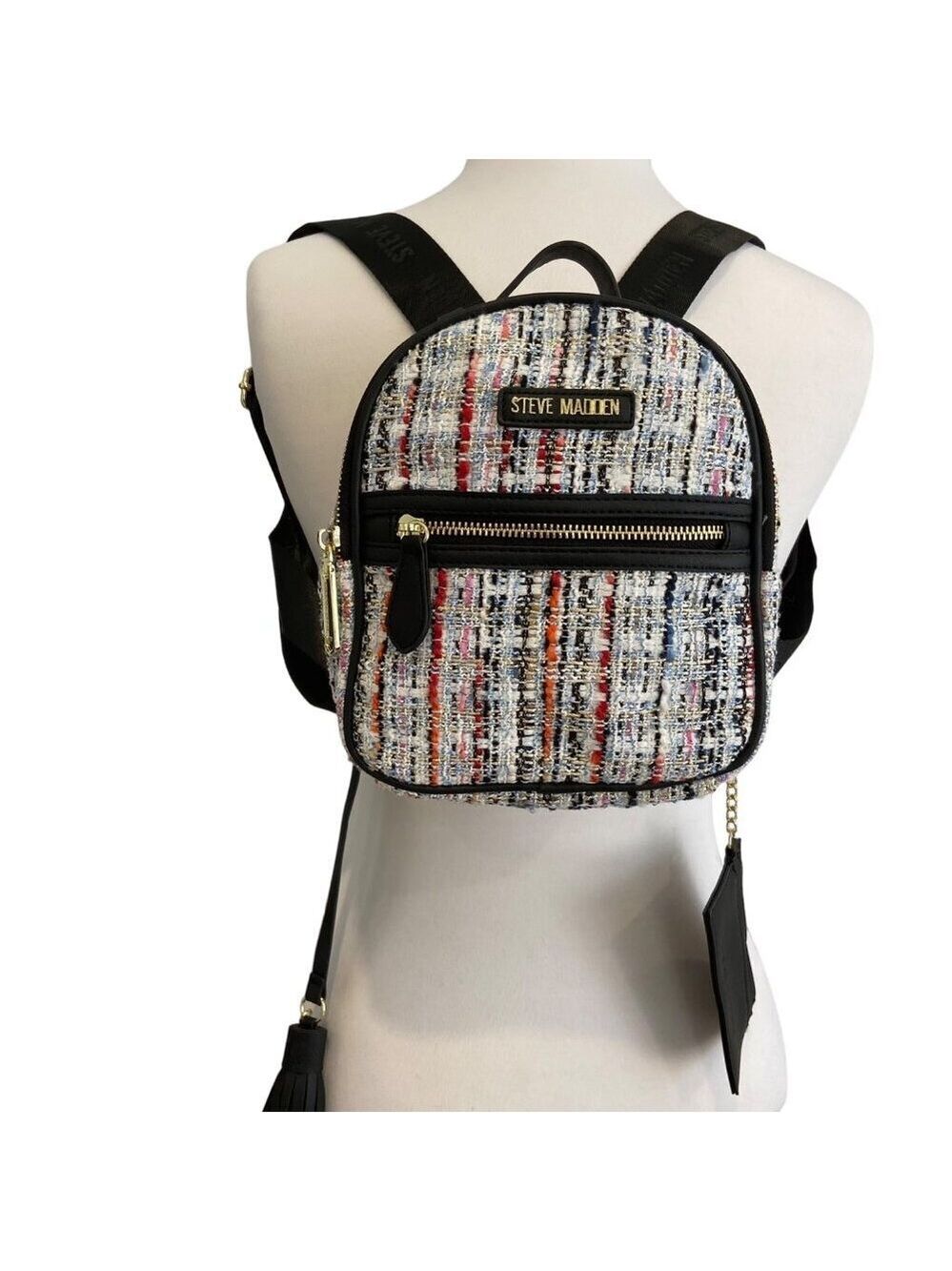 Steve Madden Tweed Mini Backpack White & Black Leather Accents & Gold Hardware